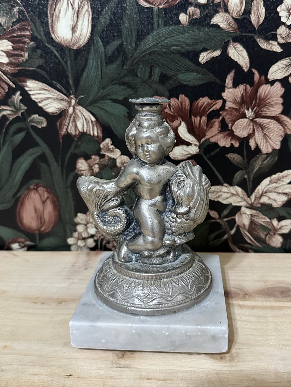Vintage 1950s metal cupid fish, dolphin statue marble - Picture 1 of 6